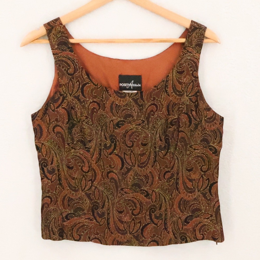 Vintage 90s Positive Attitude Metallic Paisley Top Size 6 Brown Going Out USA